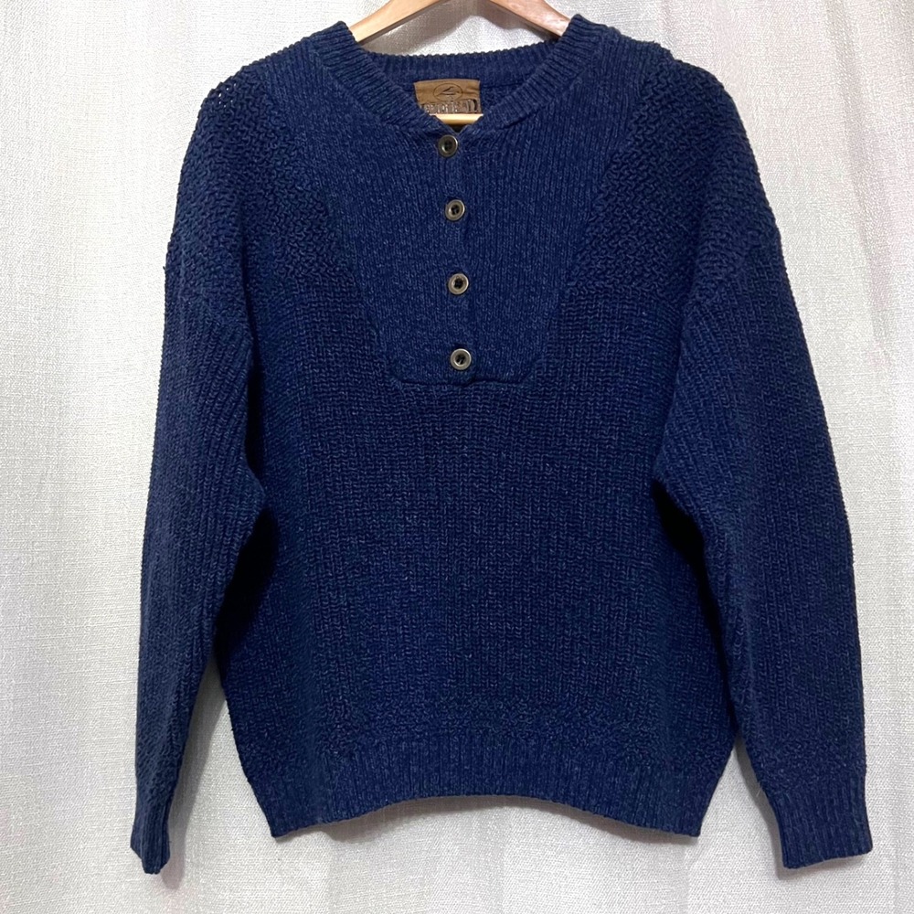 Red Head Men's Blue Knit Cotton Henley Fisherman Sweater Sz L Vintage Y2K Casual - Picture 1 of 12
